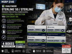 MSRP $140 4 HALYARD STERLING SG�STERLING� PROFESSIONAL FIRST RESPONDER NITRILE EXAM GLOVE BOXES (880 GLOVES), SIZES (1 LG SG, 2 XL SG, 1 XL STERLING) 4.7 MIL FINGERTIP BARRIER, TESTED AGAINST FENTANYL52 CHEMO DRUGS, EXPIRED