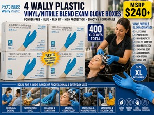 4 WALLY PLASTIC VINYLNITRILE BLEND EXAM GLOVE BOXES (400 XL GLOVES), HIGH-ELASTICITY FLEX FIT, HIGH PROTECTION, SMOOTH COMFORTABLE BLUE GLOVES, POWDER-FREE, MEDICAL, FOOD, CLEANING, SALON &amp INDUSTRIAL