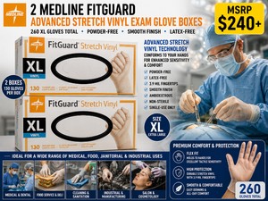 2 MEDLINE FITGUARD ADVANCED STRETCH VINYL EXAM GLOVE BOXES (260 XL GLOVES), CONFORMS TO HANDS FOR ENHANCED SENSITIVITY, POWDER-FREE, 3.9 MIL FINGERTIPS, SMOOTH FINISH, MEDICAL, FOOD, JANITORIAL &amp INDUSTRIAL USE