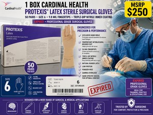 MSRP $250 1 BOX CARDINAL HEALTH PROTEXIS� LATEX STERILE SURGICAL GLOVES (50 PAIRS), SIZE 6, 9.8 MIL FINGERTIPS, TRIPLE-DIP NITRILE INNER COATING, HAND-SPECIFIC FATIGUE-REDUCING DESIGN, LOW-PROTEIN, POWDER-FREE, GAMMA-STERILIZED, EXPIRED