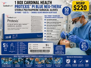 MSRP $220 1 BOX CARDINAL HEALTH PROTEXIS PI BLUE NEU-THERA� STERILE POLYISOPRENE SURGICAL GLOVES (50 PAIRS), SIZE 5�, DOUBLE-GLOVE BREACH ALERT BLUE, MOISTURIZING EMOLLIENT COATING, LATEXPOWDER-FREE, FATIGUE-REDUCING FIT, EXPIRED