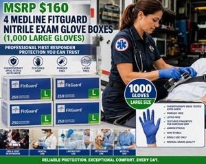 MSRP $160 4 MEDLINE FITGUARD PROFESSIONAL FIRST RESPONDER NITRILE EXAM GLOVE BOXES (1,000 LARGE GLOVES), POWDERLATEX-FREE, CHEMOTHERAPY DRUG TESTED ASTM D6978, TEXTURED GRIP, MEDICAL, EMS, DENTAL, LAB &amp VETERINARY USE