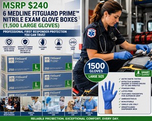 MSRP $240 6 MEDLINE FITGUARD PRIME PROFESSIONAL FIRST RESPONDER NITRILE EXAM GLOVE BOXES (1,500 LARGE GLOVES), POWDERLATEX-FREE, ASTM D6978 TESTED EFFECTIVE BARRIER AGAINST 8 CHEMO DRUGS UP TO 240 MIN, SMARTGUARD DISPENSER