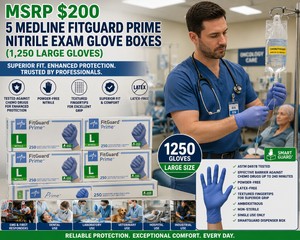 MSRP $200 NEW 5 MEDLINE FITGUARD PRIME LARGE POWDER-FREE NITRILE EXAM GLOVE BOXES, 250 GLOVES EACH (1,250 TOTAL), SUPERIOR FIT &amp COMFORT, TESTED AGAINST CHEMO DRUGS FOR ENHANCED PERSONAL PROTECTION, HOSPITAL, DENTAL, VET, LAB, EMS &amp INDUSTRIAL USE