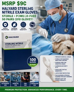 MSRP $90 NEW HALYARD STERLING NITRILE LARGE STERILE POWDER-FREE EXAM GLOVES, 50 PAIRS (100 GLOVES TOTAL), PREMIUM SURGICAL GRADE FOR SUPERIOR DEXTERITY, TACTILE SENSITIVITY &amp LATEX-FREE PROTECTION, IDEAL FOR HOSPITAL, VET &amp EMS USE EXPIRED