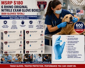 MSRP $180 NEW 6 RHINO ORIGINAL LARGE POWDER-FREE NITRILE EXAM GLOVE BOXES, 100 GLOVES EACH (600 TOTAL), MADE IN USA, TEXTURED FINGERTIPS FOR SUPERIOR WET &amp DRY GRIP, LATEX-FREE MEDICAL-GRADE PROTECTION FOR DENTAL, VET, EMS &amp INDUSTRIAL USE