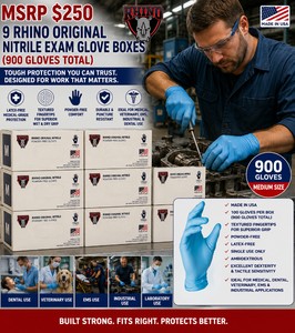 MSRP $250 NEW 9 RHINO ORIGINAL MEDIUM POWDER-FREE NITRILE EXAM GLOVE BOXES, 100 GLOVES EACH (900 TOTAL), MADE IN USA, TEXTURED FINGERTIPS FOR SUPERIOR WET &amp DRY GRIP, LATEX-FREE MEDICAL-GRADE PROTECTION FOR DENTAL, VET, EMS &amp INDUSTRIAL USE