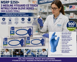 MSRP $250 NEW 3 MEDLINE FITGUARD ES TOUCH MEDIUM POWDER-FREE NITRILE EXAM GLOVE BOXES, 300 GLOVES EACH (900 TOTAL), ENHANCED TACTILE SENSITIVITY FOR SUPERIOR PRECISION, WETDRY GRIP &amp COMFORT, CHEMO DRUG TESTED, LATEX-FREE, FOR PHARMACY &amp EMS