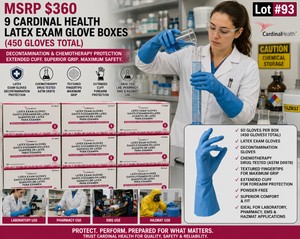 MSRP $360 NEW 9 CARDINAL HEALTH SMALL LATEX EXAM GLOVE BOXES, 50 GLOVES EACH (450 TOTAL), DECONTAMINATION GLOVES, EXTENDED CUFF, CHEMO DRUG TESTED &amp TEXTURED FINGERTIPS FOR MAXIMUM GRIP &amp FOREARM PROTECTION, FOR LAB, PHARMACY, EMS &amp HAZMAT USE