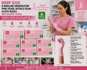 RARE MSRP $320 NEW 8 MEDLINE GENERATION PINK PEARL LARGE POWDER-FREE NITRILE EXAM GLOVE BOXES, 100 GLOVES (800 TOTAL), INFUSED WITH CERTIFIED ORGANIC ALOE VERA FOR SUPERIOR COMFORT &amp SKIN CARE, LATEX-FREE, BREAST CANCER AWARENESS EDITION