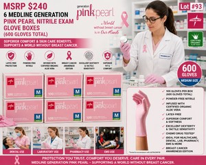 RARE MSRP $240 NEW 6 MEDLINE GENERATION PINK PEARL MEDIUM POWDER-FREE NITRILE EXAM GLOVE BOXES, 100 GLOVES (600 TOTAL), INFUSED WITH CERTIFIED ORGANIC ALOE VERA FOR SUPERIOR COMFORT &amp SKIN CARE, LATEX-FREE, BREAST CANCER AWARENESS EDITION