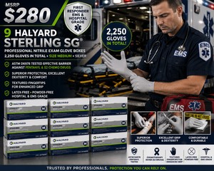 MSRP $280 - 9 HALYARD STERLING SG PROFESSIONAL NITRILE EXAM GLOVE BOXES (2,250 GLOVES), SIZE MEDIUM FIRST RESPONDER, LAW ENFORCEMENT, EMS &amp HOSPITAL GRADE, ASTM D6978 TESTED EFFECTIVE BARRIER AGAINST FENTANYL &amp 52 CHEMO DRUGS EXP 2025