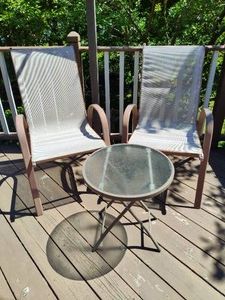 Two Stackable Beige Sling Outdoor Chairs & Folding Side Table