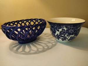 Signed Ken Tracy Studio Pottery & Braided Blue Lattice Bowl