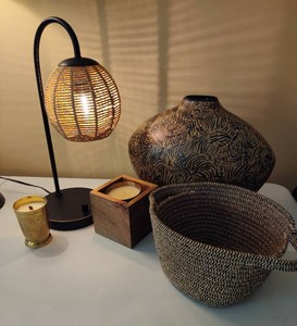Rattan Table Lamp & Assorted Decor Pieces