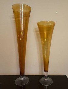 Two Tall Amber Glass Vases
