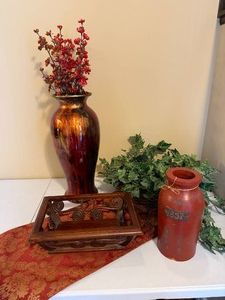 Red and Wood-Tone Decor Vases, Greenery and Table Runner
