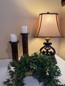 Lamp, Two Candle Holders and Greenery