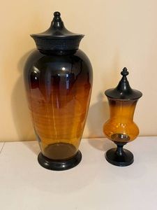 Two Tall Amber Toned Vases with Lids