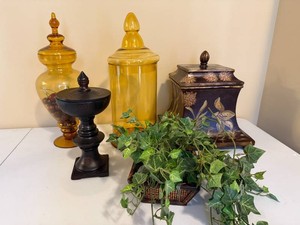 Lot of Amber Toned and Dark Wood Decor