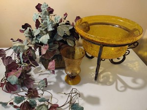 Amber Crackle Bowl, Candle Holder & Misc Greenery