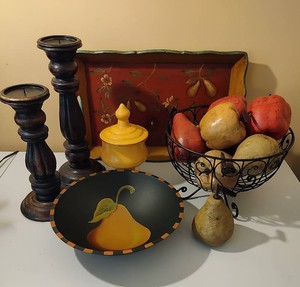 Assorted Fruit Themed Decor Inc. Bowl, Faux Fruit, Covered Dish & Candlesticks