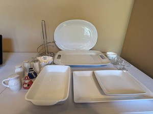 Lot of White Serving Platters, Salt & Pepper Shakers, Salsa Bowl and more