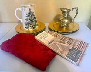 Lot of Table Decor - Chargers, Williams Sonoma and Sheffield Pitchers, Table Clothes and More
