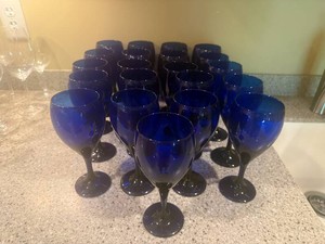 Large Set of Blue Wine and Water Glasses