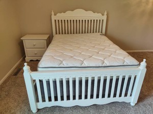 Full Sized White Wood Bed & Side Table