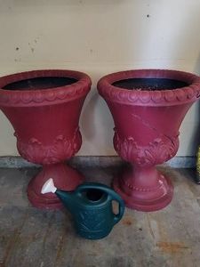 Two Large Resin Pedestal Planters  Watering Can