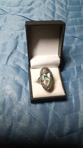 925 Sterling Silver vintage style-ring with abalone and dragonfly