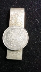Nickle Silver money clip with Silver Peso on it