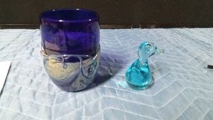 Frederick Warren blue glass art and Blue glass duck figurine consistent with Murano-style Italian art glass