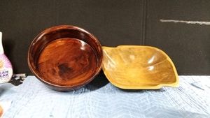 Mountain Woods Turned wood serving bowl and Vintage wooden bowl potentially crafted from monkey pod or Koa wood into a leaf shape