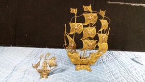 2 Vintage Portuguese filigree caraval sailing ship figurines