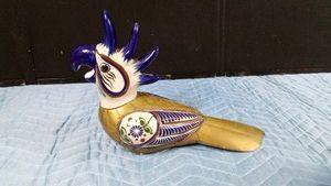 Vintage Tonala Mexican folk art parrot figurine. xa combination of hand- painted ceramic with brass body