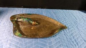 Vintage birds hated dish designed by Los Castillo from Taxco, Mexico featuring a copper body bird and  colorful mosaic inlay of stones like abalone and lupus luzulli