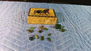Jade mini figurines, jade pendants and other pendants plus a hand-painted marble jewelry box from India
