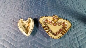 Vintage porcelain ashtray made in West Germany featuring romantic Love Story scene and aZsolnay Hungary hand- painted porcelain heart shaped ashtray