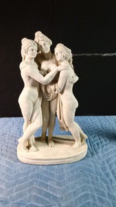 The Three Graces statue by A. Santina made of oxolyte ( a high-quality compound developed by the Santina family consisting of crushed Carrara marblealabaster powder and a bonding resin. Fine detail of carved stone without the fragility of plaster
