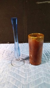 Van Briggle Pottery vase from mid to late 20th century and vintage signed Val Lambert solirleur bud vase from Belgium 1960s or 70s