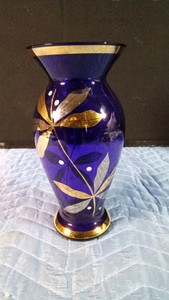 Vintage Bohemia cobalt blue vase often featuring 24K gold leaf mid century art glass
