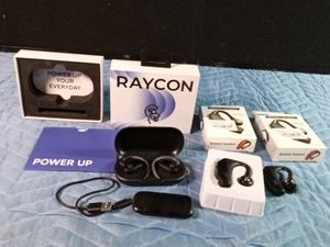 Rayon earbuds and 2 Busias wireless headsets in original boxes