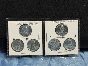 6 - 1943 Steel War Pennies in Protective Sleeves - Mint marks D, P and S (2 of each)