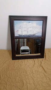 framed Clipper ship above a mirror ( all in one wood frame)