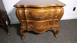Louis XV walnut wood curved 2 drawer commode with hand-painted scene with gold gilt