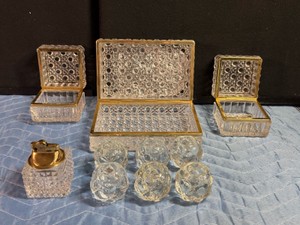 Vintage French Baccarat-style cut crystal vanity and smoking set