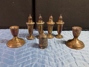 Vintage Salt and Pepper Shakers, 2 Candle Holders and a Spice Box  - see description for more info