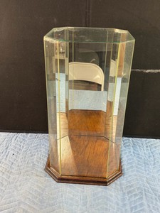Vintage geometric hexagon glass display case or terrarium, with a  wooden base